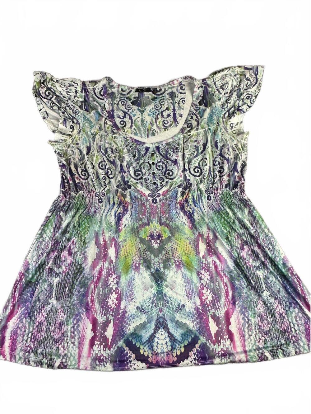 Apt. 9 Women's 1X Multicolor Patterned Top with Ruffle Sleeves